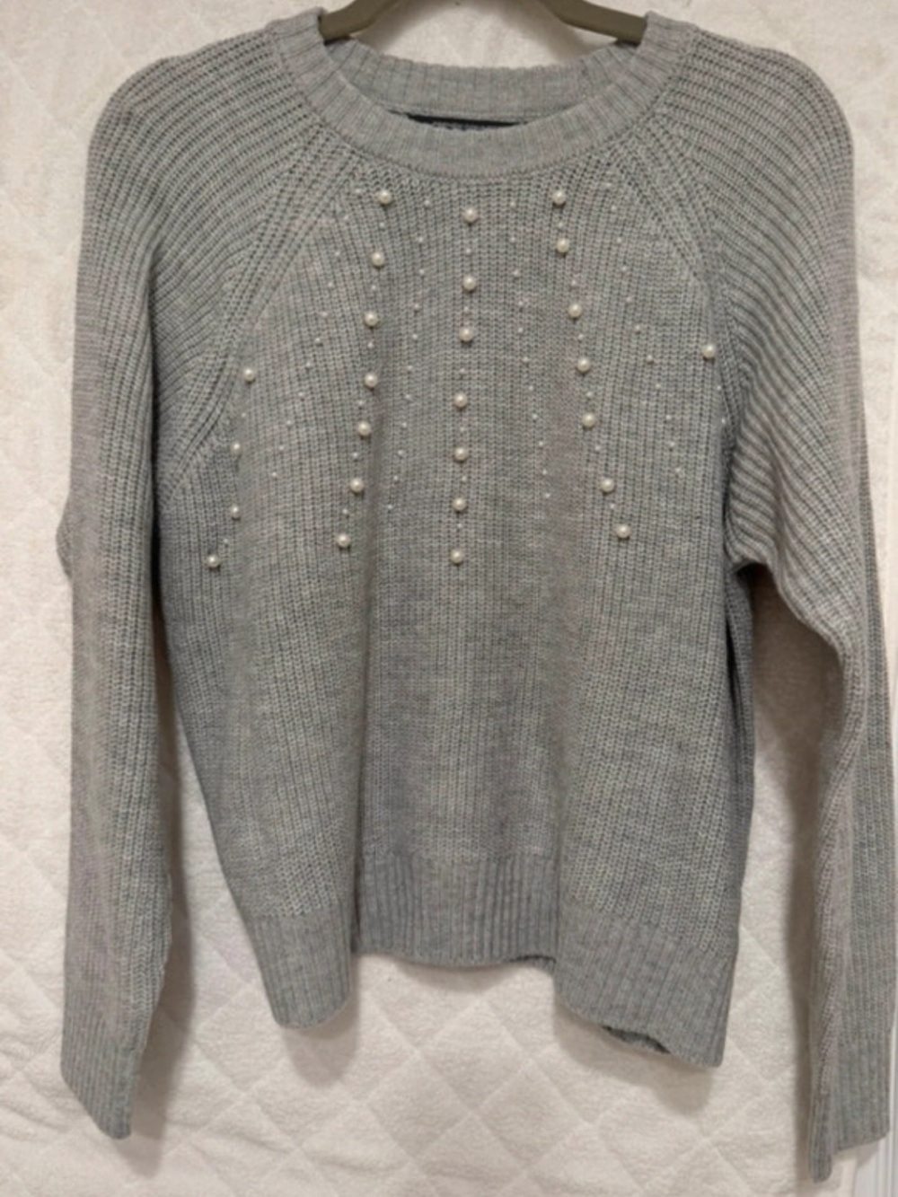 French Connection Light Grey Pearl-Trim Crewneck Sweater